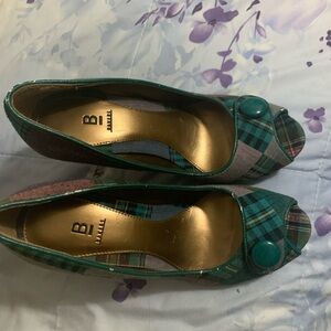 Bakers Women's Multicolor Plaid Heels. Peep toes